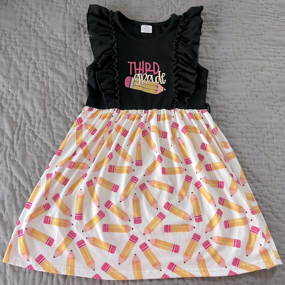Boutique Back to School Third Grade Black Pencil Print Kids Dress XXXL 7/8 Twirl